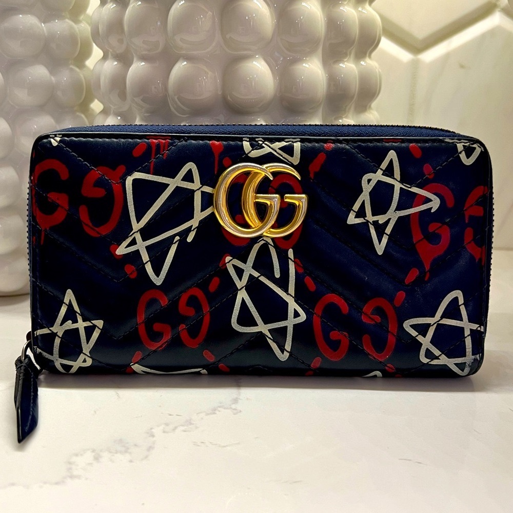 Rare Gucci Ghost & Stars Apollo GG Marmont Zip Long Wallet Red White Blue ❤️🤍💙
